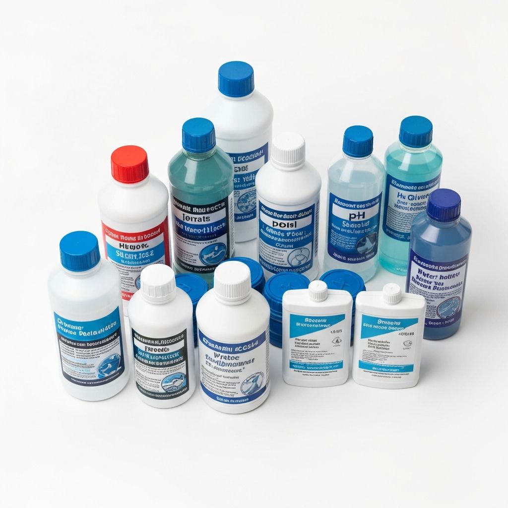Assortment of pool chemicals and water testing kit on a white surface