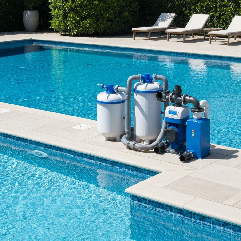 Pool pump and filter equipment installed beside a residential pool