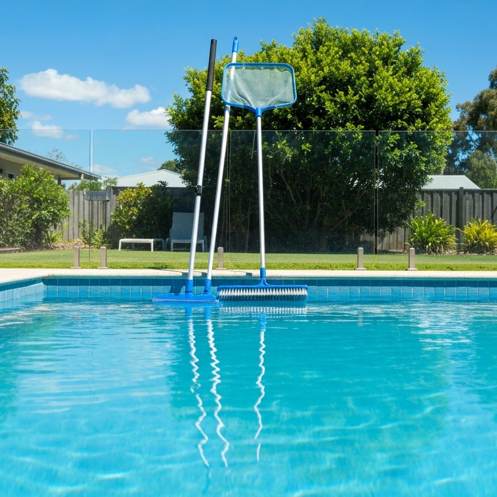 Pool maintenance tools — telescopic pole, net skimmer, brush — at a pool edge