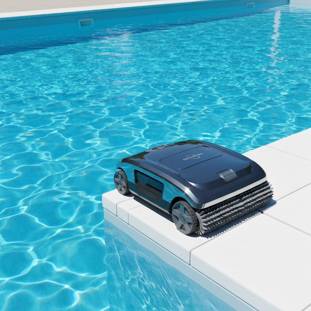 Modern robotic pool cleaner at the edge of a sparkling blue pool